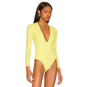 RESA Ever Bodysuit Lime Yellow Plunge V-Neck Ribbed Jersey Long Sleeve‎ Sz XS